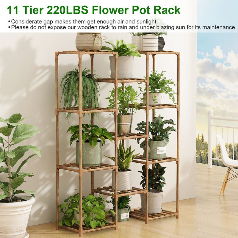 Multi-tier Wooden Plant Stand 11 Potted Flower Display Shelf Rack Vase Holder For Patio Balcony Garden_voghion.com