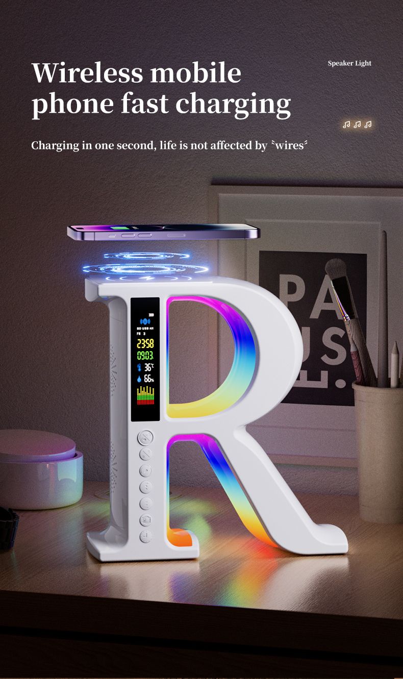 Support de chargement sans fil, haut-parleur Bluetooth, lecteur de carte TF, veilleuse RVB, horloge, station de charge rapide pour iPhone_voghion.com