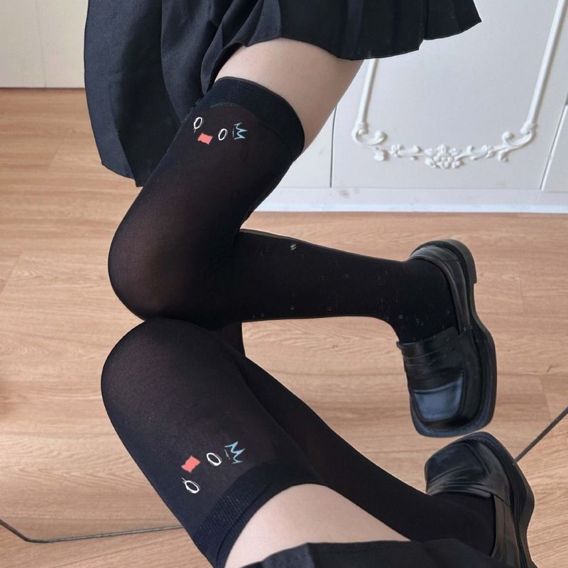 Bedruckte dünne Frühlings- und Herbst-Lolita-süße Anime-Overknee-Strümpfe aus weißem Samt für Damen_voghion.com