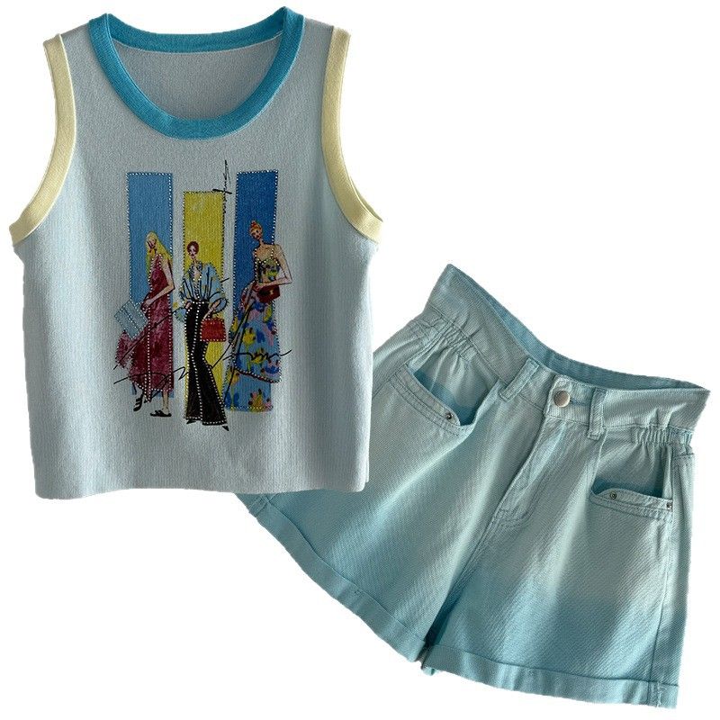 Audday Petite Dopamin für Frauen Sommer Salz Stil Jugendlicher Sport Casual Ice Silk Weste und Shorts Zweiteiliges Set Abnehmen_voghion.com