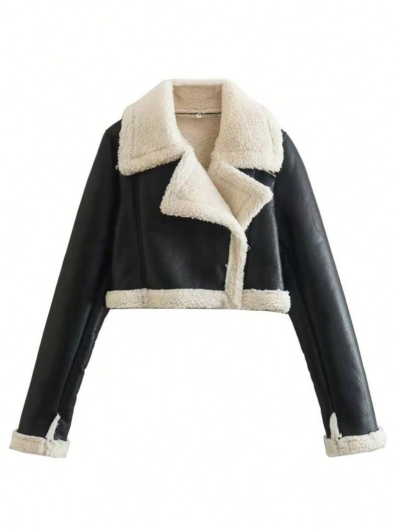 Vintage Wollmischung Jacke für Damen - Retro Oversized Reversmantel mit Kunstfellfutter, Streetwear Fashion, Schwarz_voghion.com