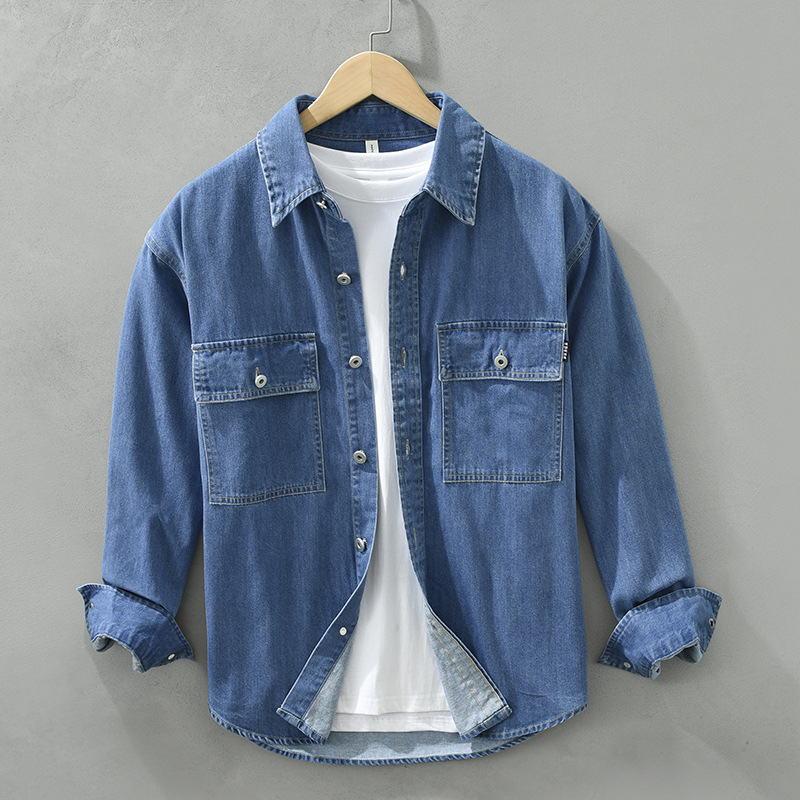 6719 camicia casual a maniche lunghe in denim da uomo # 039; camicia giapponese con utensili retrò sciolto cappotto da uomo # 039; una generazione._voghion.com