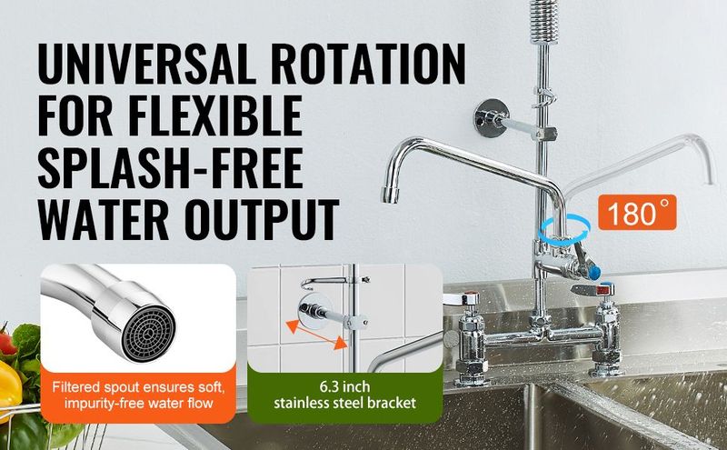 VEVOR Commercial Faucet With Pre-Rinse Sprayer, 44" Height, 8" Center, 12" Swing Spout, Deck Mount Kitchen Sink Faucet, Brass Constructed Device With Pull Down Spray, For 1/2/3 Compartment Sink_voghion.com