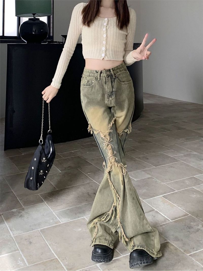 Niche Lace-Up Frayed Design Flared Jeans Women, Sweet And Spicy Style, Straight High Street Pants For Plus Size Women_voghion.com