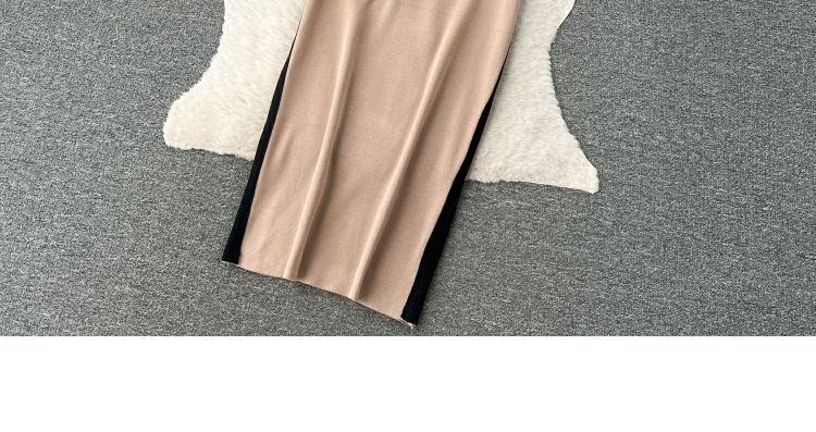 Zweiteiliger Anzug für Damen mit kontrastierendem Farbdesign, Rundhalsausschnitt, lockerem Langarm-T-Shirt und hoch tailliertem, schmalem, mittellangem Rock_voghion.com