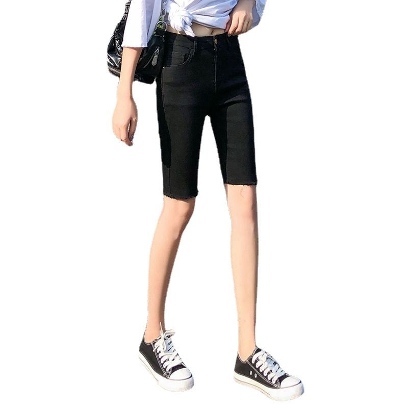 Xia 2024 Nuovi pantaloncini in denim sottile da donna a vita alta neri snellenti elastici attillati 5/4 pantaloni da ciclista_voghion.com