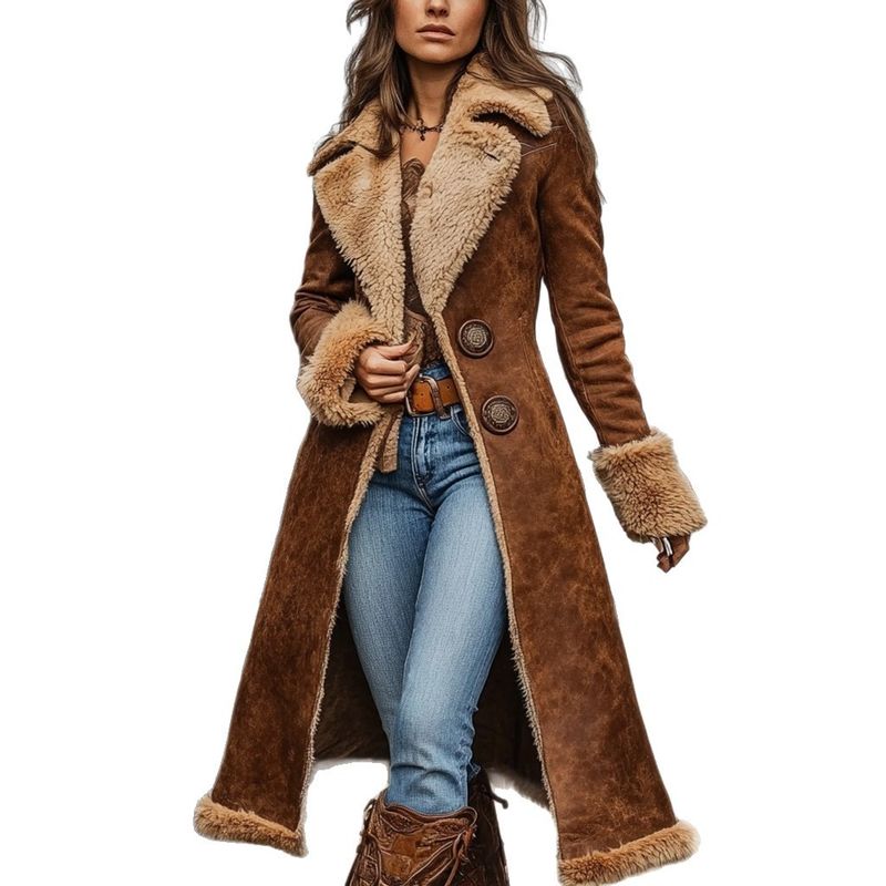 Denim Damen Western Trenchcoat Fuzzy Herbst Winter Mode Warme Jacke_voghion.com
