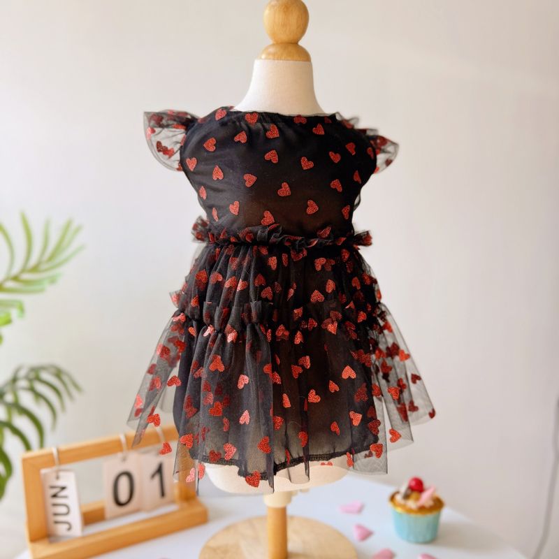 Mesh Glitter Full Print Heart Flutter Sleeve Dress Lightweight Comfortable Suitable For Valentine's Day Spring Summer_voghion.com
