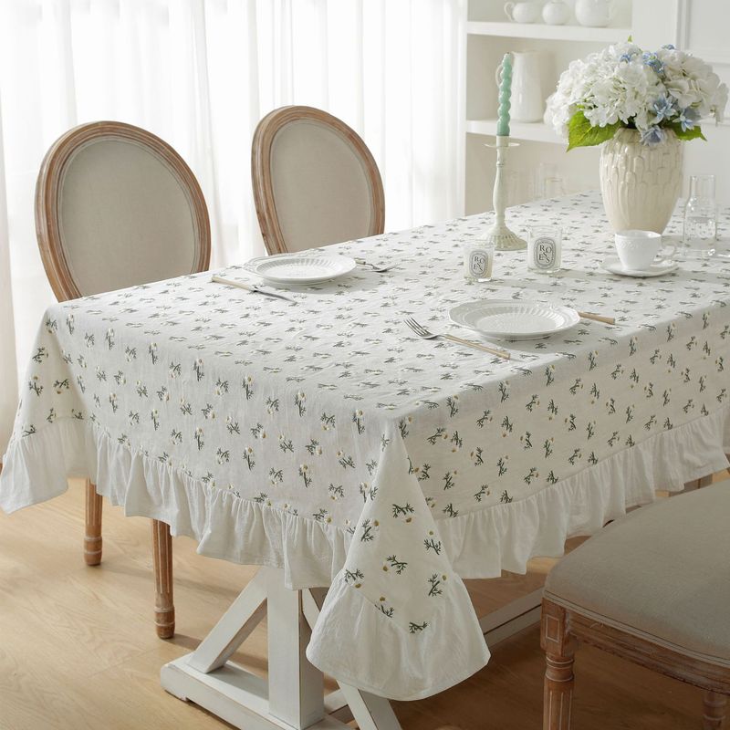 Tovaglia in lino Daisy Fresh 2025 con orlo smerlato e cornice in legno_voghion.com