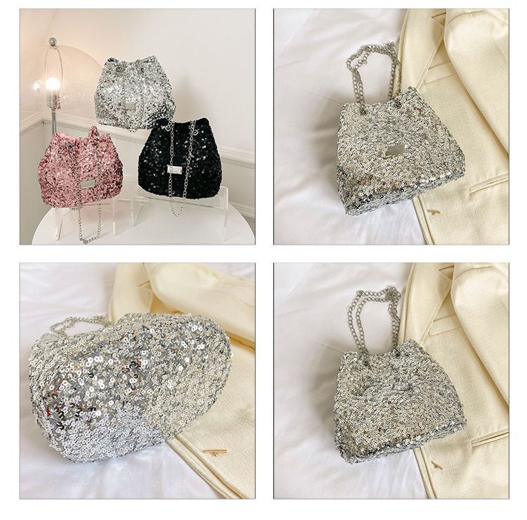 Popolare per la nuova borsa a secchiello con catena glitter estiva da donna 2023, borsa a tracolla a spalla singola con trama di nicchia_voghion.com