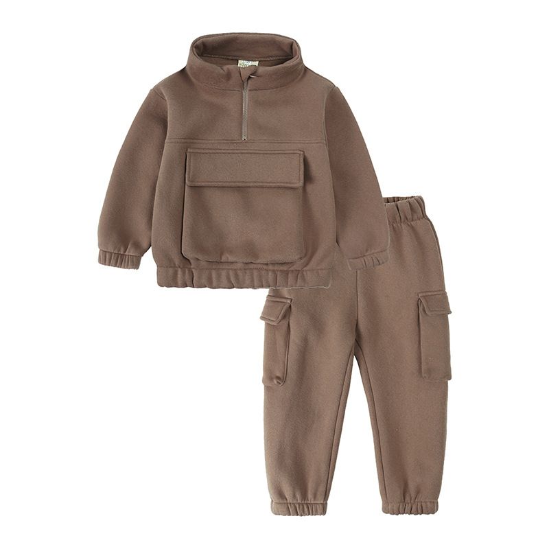 Conjunto de suéter informal para niño: sudadera de algodón cálido y pantalón deportivo para otoño e invierno (de 3 a 8 años, marrón, caqui y gris)_voghion.com