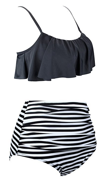 2022 maillot de bain fendu taille haute Bikini rayure imprimé épaule Lotus feuille bord soutien-gorge Bikini_voghion.com