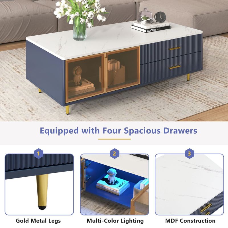 Modern Coffee Table With 2 Glass Door Storage, 4 Drawers, Gold Metal Legs, And Multi-Color Lighting In 47.2''_voghion.com