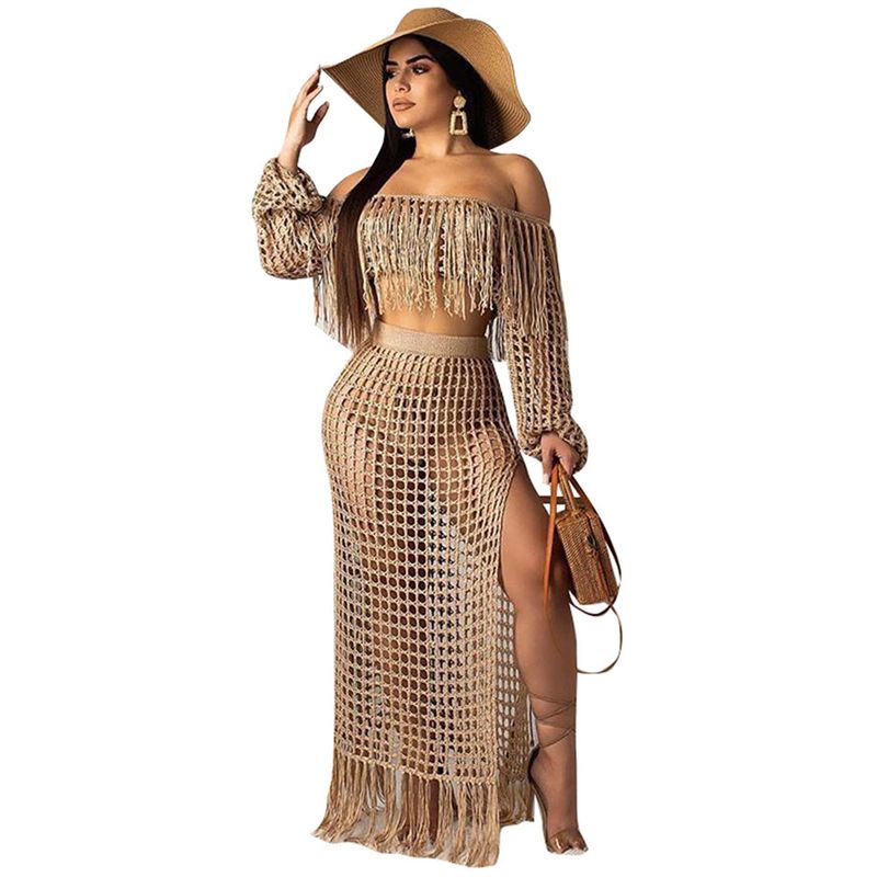 Conjunto de duas peças de saia de praia com borla de malha casual feminina_voghion.com