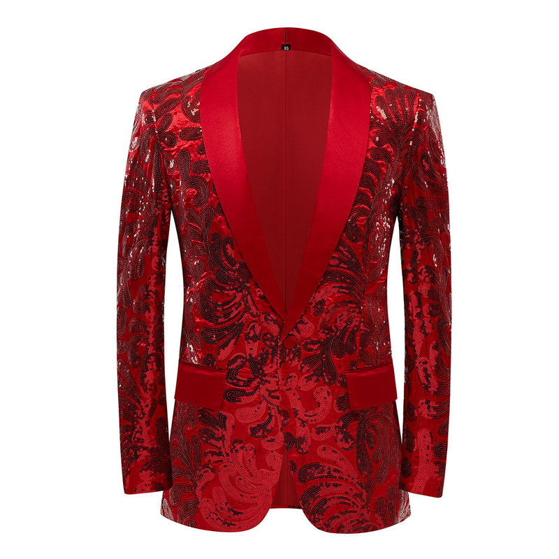 Men's solid color fashionable sequin slim fit long sleeved youth green fruit collar casual suit jacket_voghion.com