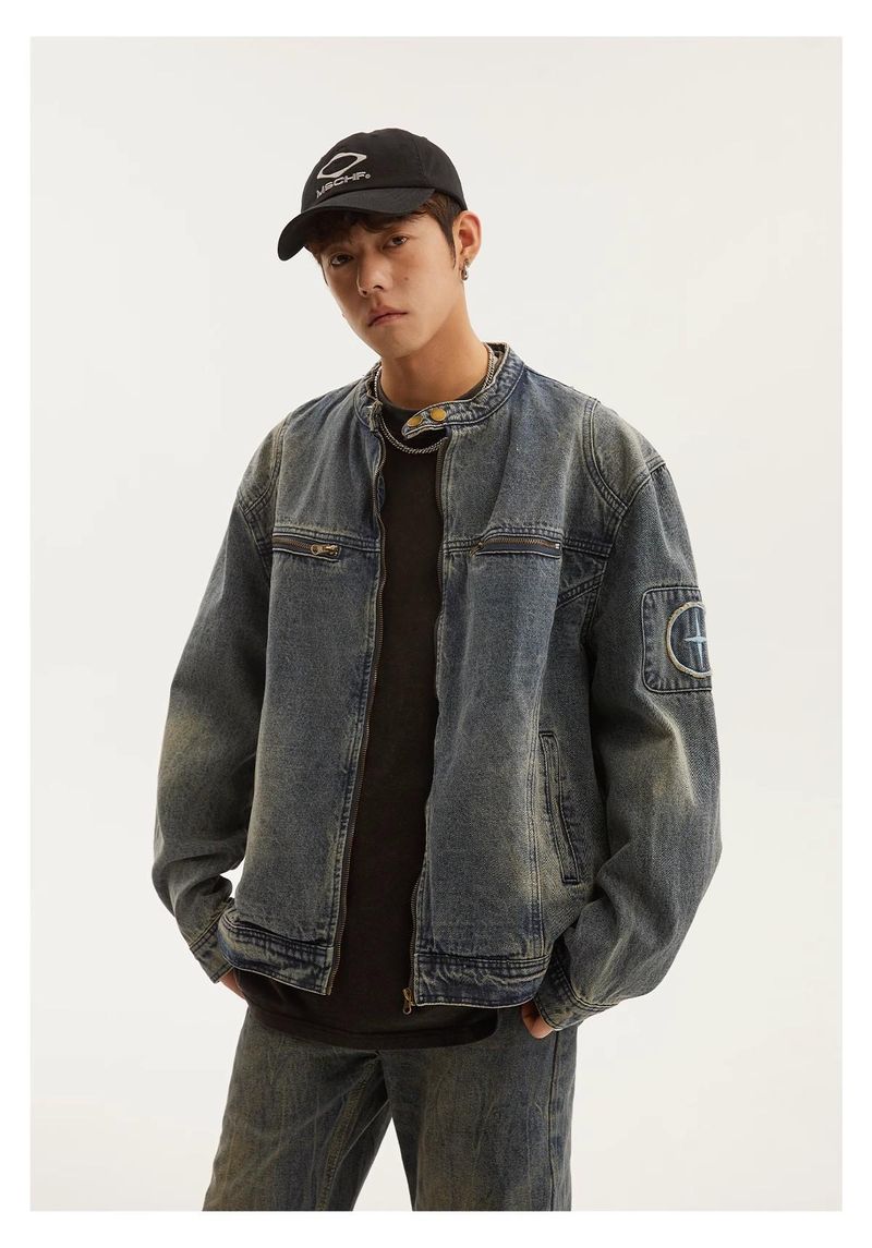 Herrenbekleidung Retro Washed Distressed Jeansjacke Coole lockere lässige Reißverschlussjacke Tops_voghion.com