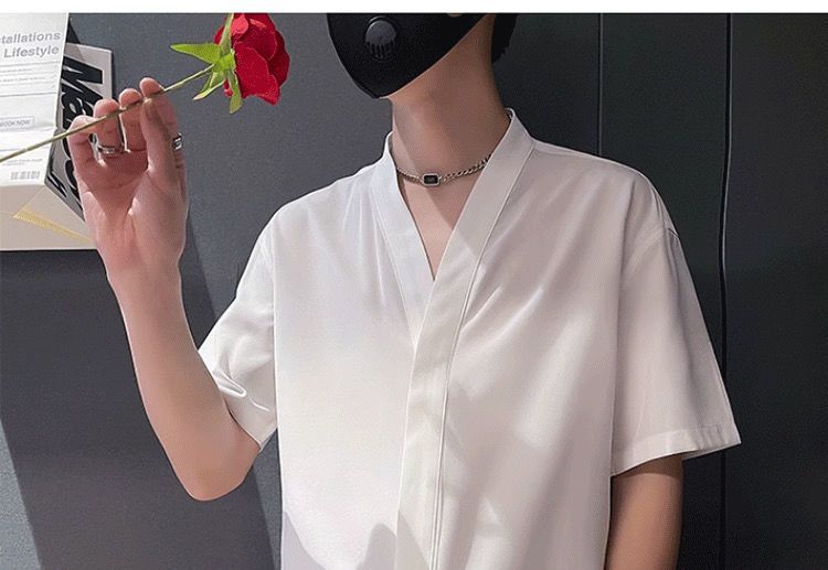Badjas Kraag Kort Mouw Overhemd Heren Zomer IJs Zijde Drape Kraagloos Overhemd Koreaanse Versie Van Licht Rijpe Stijl Heren Temperament Top_voghion.com