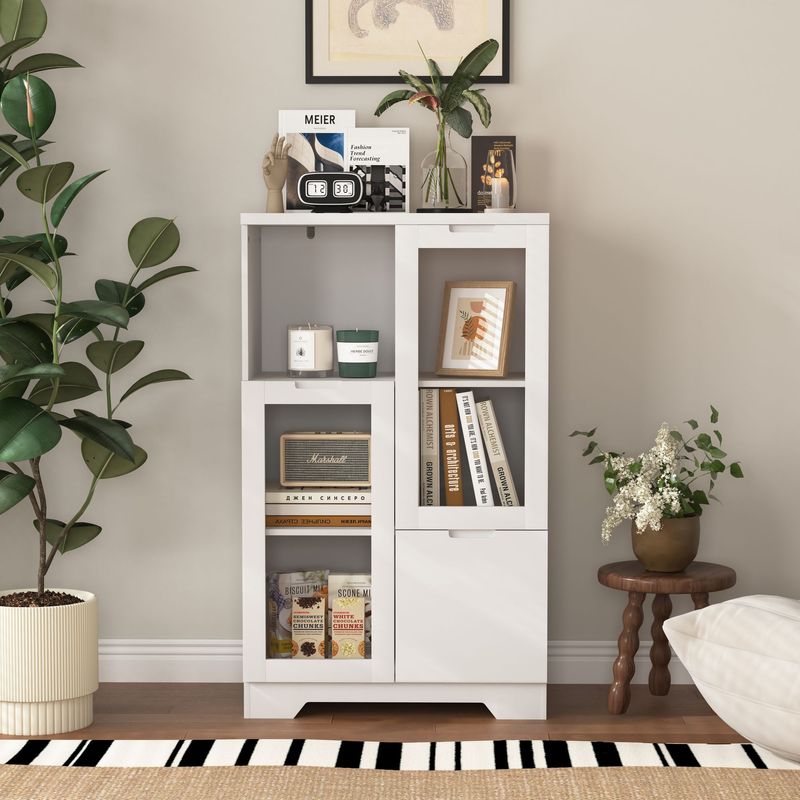 MDF Painted Cabinet With Glass Doors And Drawer, Open Storage Space, Navy Blue ,Bedroom, Living Room_voghion.com
