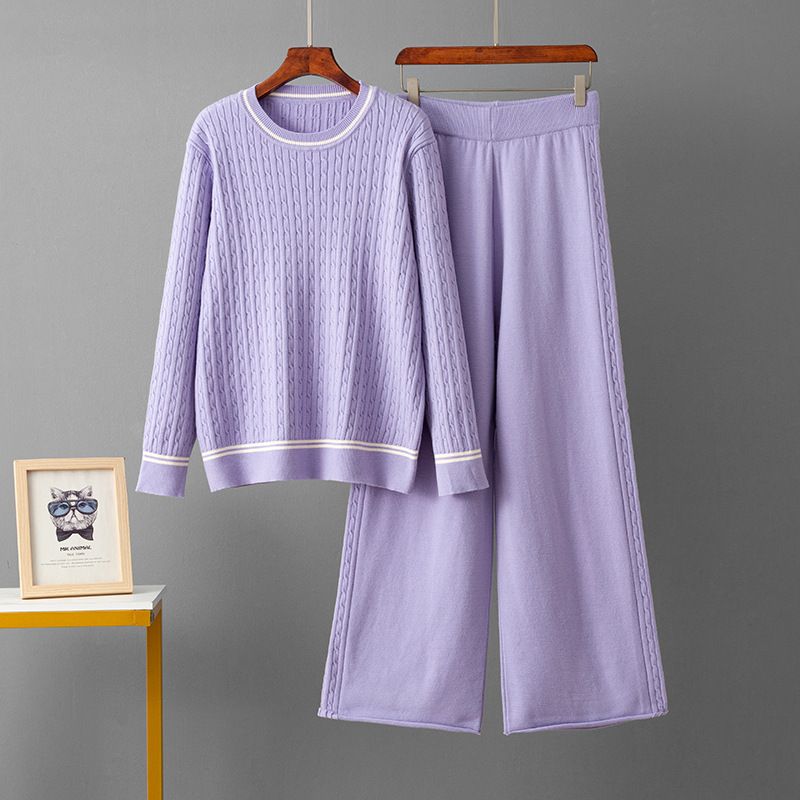 Elegante set di maglione e pantaloni in maglia - Completo casual a righe con pullover a maniche lunghe e pantaloni in morbida miscela di viscosa, versatile per l'ufficio e per tutti i giorni_voghion.com