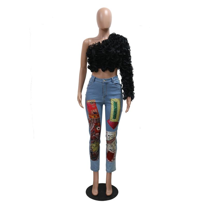 Dametøj Oblique Shoulder Lotus Short Top Fashion Ensfarvet Nye kvinder_voghion.com