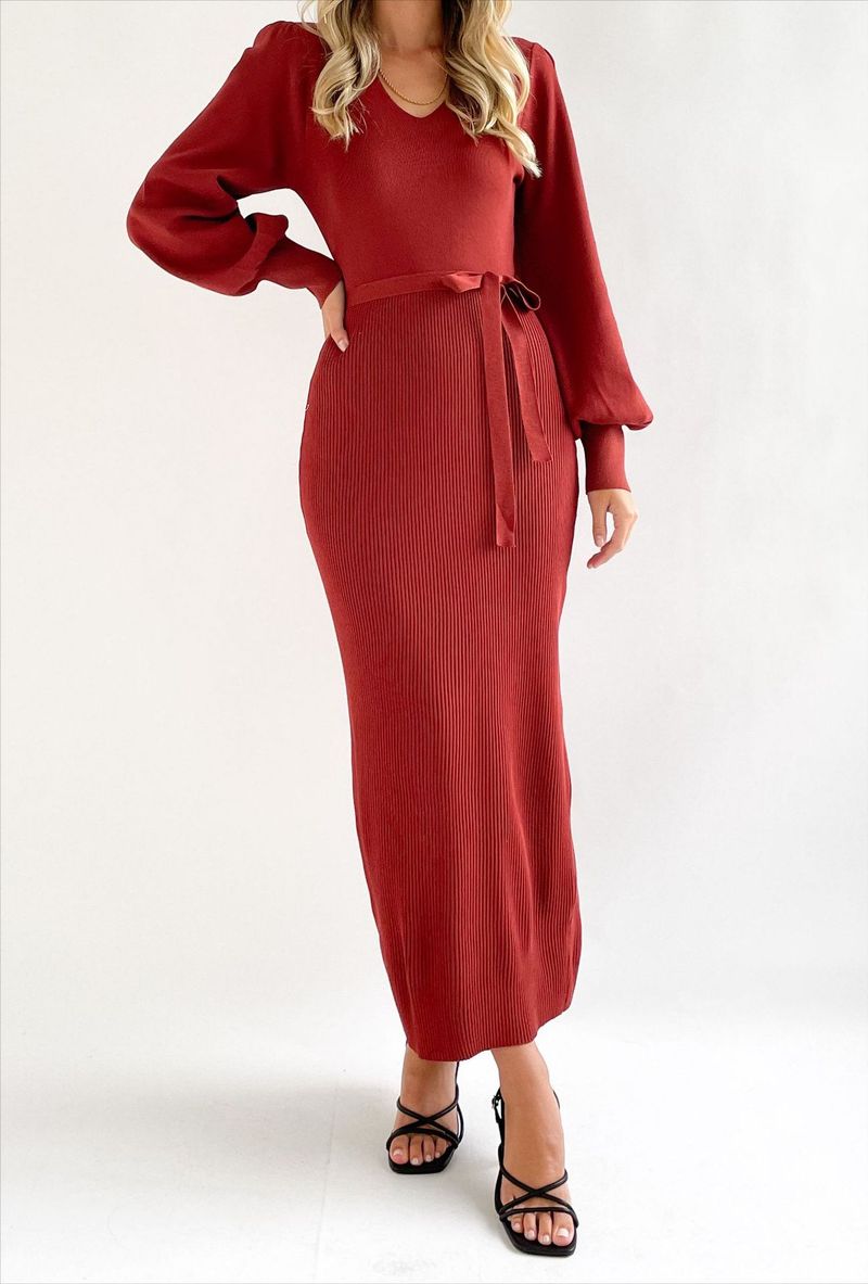 Robe d'hiver élégante en tricot pour femme avec décolleté en V profond et motif 3D - Robe ajustée à manches longues et taille haute (rouge foncé/rose vif)_voghion.com