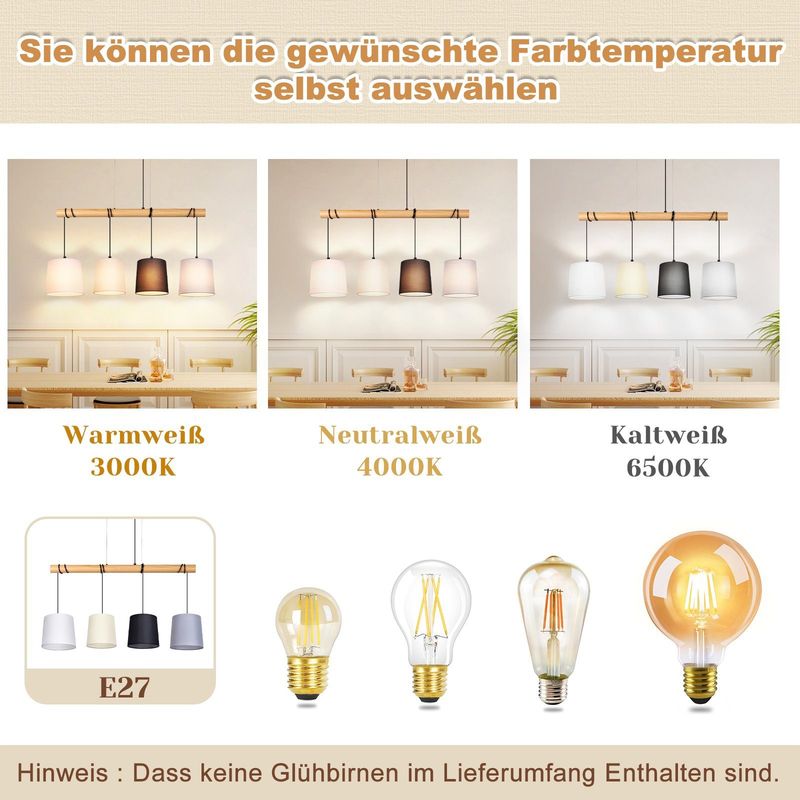 Glitzerlife Pendelleuchte 4 Flammig Hängelampe Vintage - Esszimmerlampe Holz E27 Hängeleuchte Weiß Esstischlampe Aus Stoff Pendellampe Metall Für Arbeitszimmer_voghion.com
