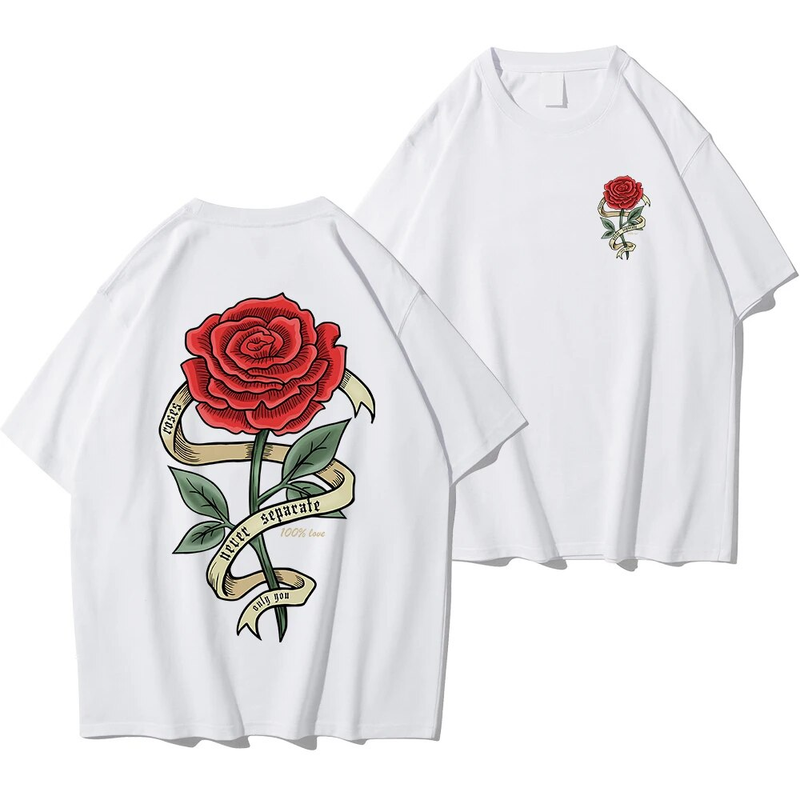 Røde roser pakket ind i båndprint herre bomuld åndbar t-shirt tøj overdimensionerede afslappede løse t-shirts korte ærmer_voghion.com
