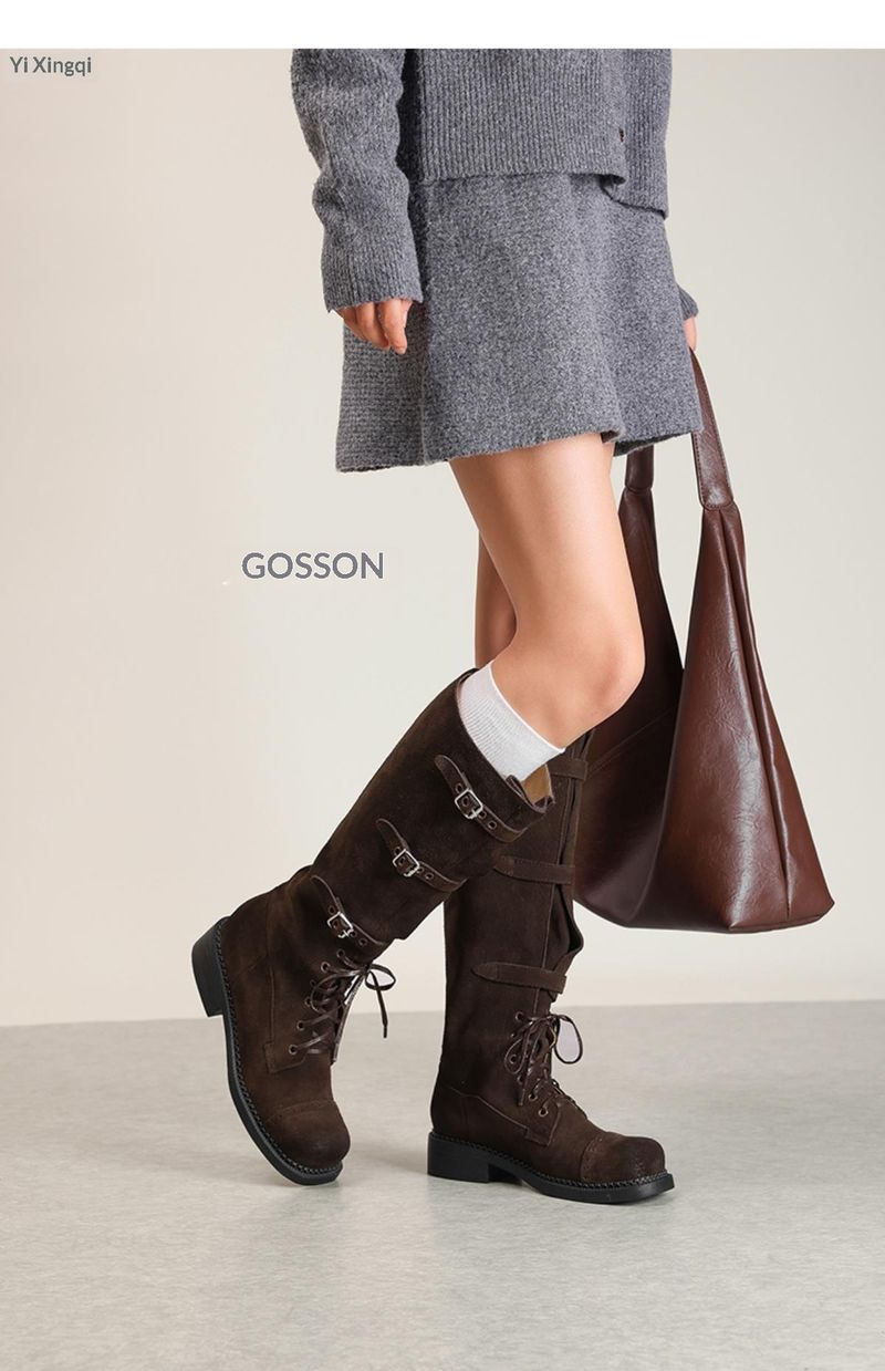 Voyage Rindsleder-Version ~ Lange Stiefel aus echtem Leder für Damen, neuer Herbst- und Winterstil, Schnürstiefel mit hohem Schaft, eckige Zehenschnalle_voghion.com