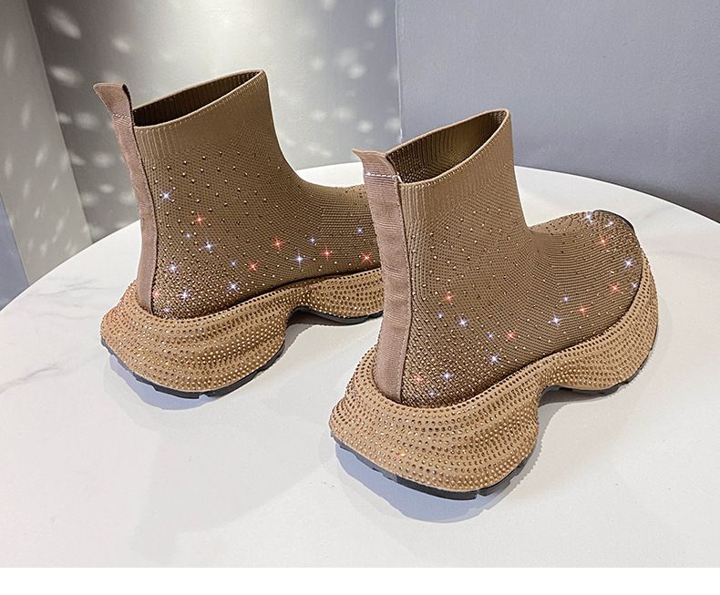 Gestrickte Sockenstiefel für Damen mit Strasssteinen, Slip-On-Sneakers mit dicker Sohle, atmungsaktive, elastische High-Top-Booties für Sommer, Frühling und Herbst_voghion.com