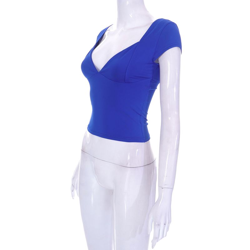 Abbigliamento donna nuovi top casual a maniche corte scollati in tinta unita_voghion.com