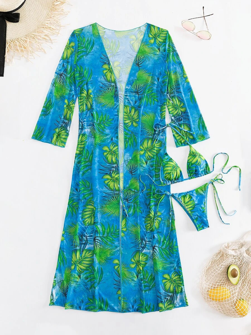 Badekleeder Fraen Split Dräi-Stéck Laangärm Blouse Internet Promi Riemen Bikini_voghion.com