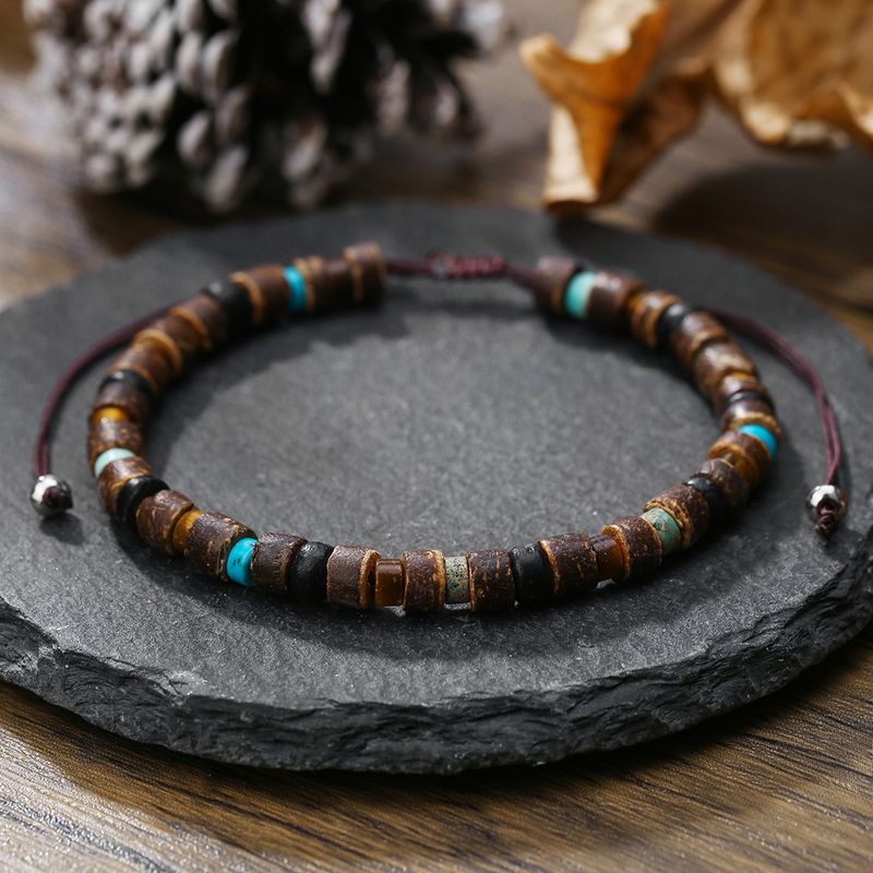 Pulseira elástica com contas de madeira turquesa, estilo boêmio de praia, trançada, ajustável, pulseira masculina, tornozeleira_voghion.com