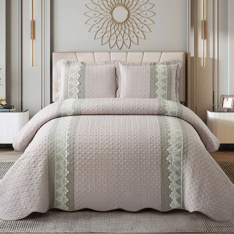 Juego de cama acolchado de 3 piezas: funda nórdica con bordado a computadora, ribete de encaje de burbujas y costuras florales de doble cara, cubrecama liso._voghion.com