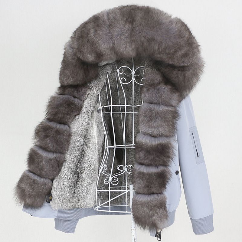 Damenbekleidung Parka im neuen Stil mit dickem Kaninchenfellfutter, abnehmbarem echtem Fuchspelz, großer Pelzkragenjacke, Pelzmantel_voghion.com