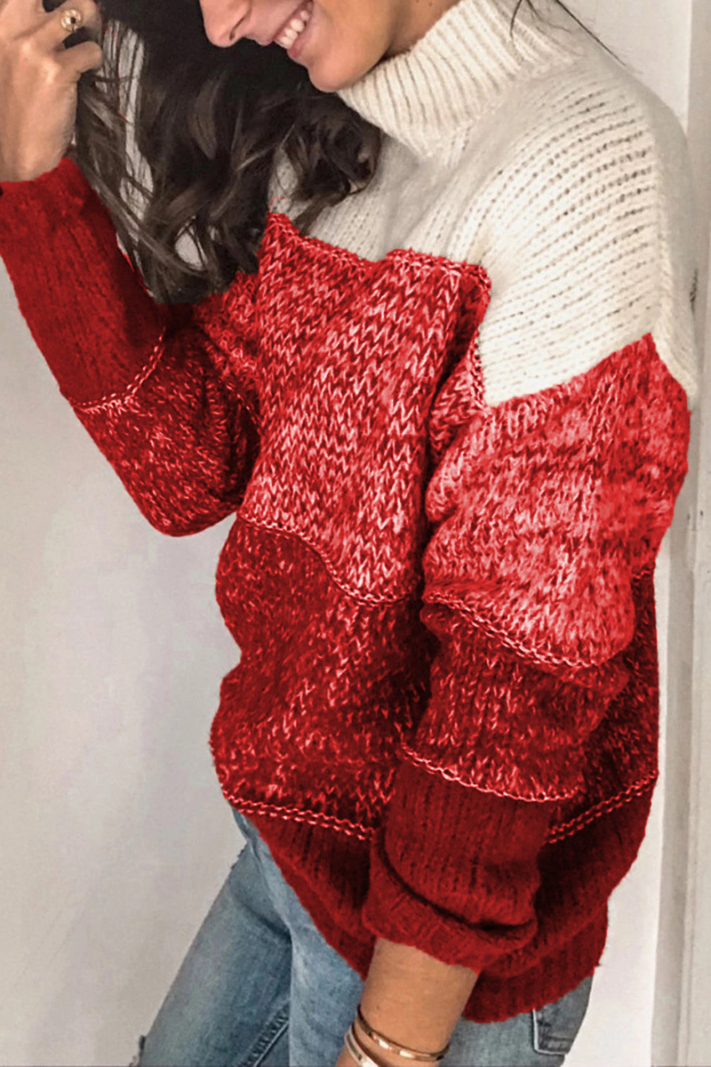 Damen-Strickpullover mit lässigem Oberteil in verschiedenen Farben, gestreiften Nähten und hohem Kragen in Kontrastfarbe_voghion.com