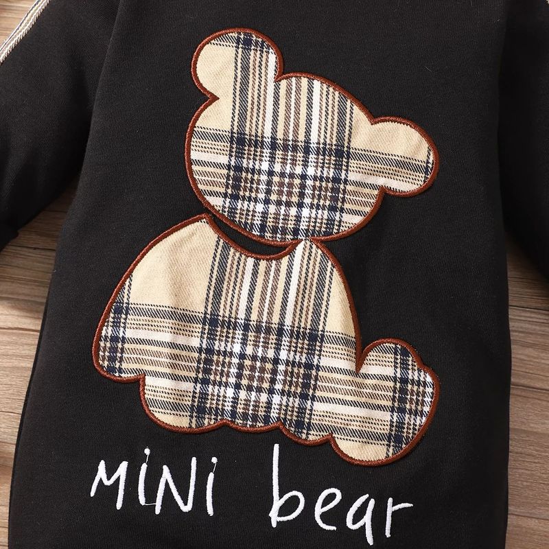 Mother & Kids INS newborn baby boy spring and autumn plaid patch bear long-sleeved openable one-piece rompers_voghion.com