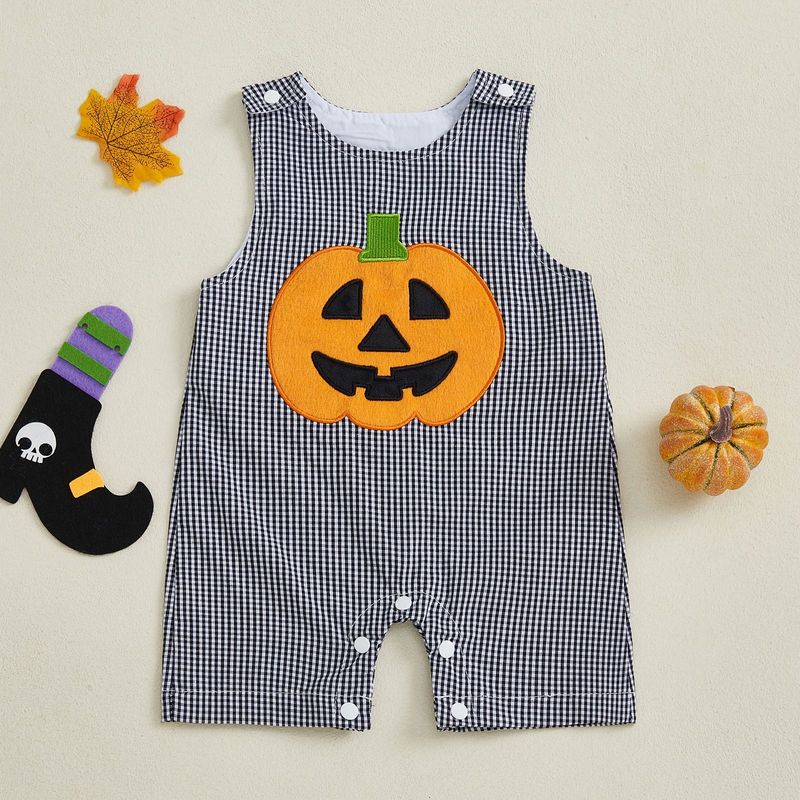 Halloween Baby Romper Sleeveless Jumpsuit With Pumpkin Embroidery - Snap Button Shoulder Design For Boys & Girls (0-18M)_voghion.com