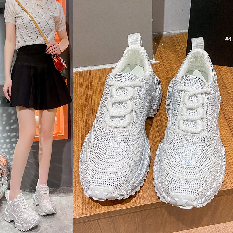 Modische Damen-Sneaker mit Strasssteinen – klobige Plateauschuhe für mehr Körpergröße, atmungsaktives Obermaterial aus PU, lässige und trendige Low-Top-Schnürschuhe_voghion.com