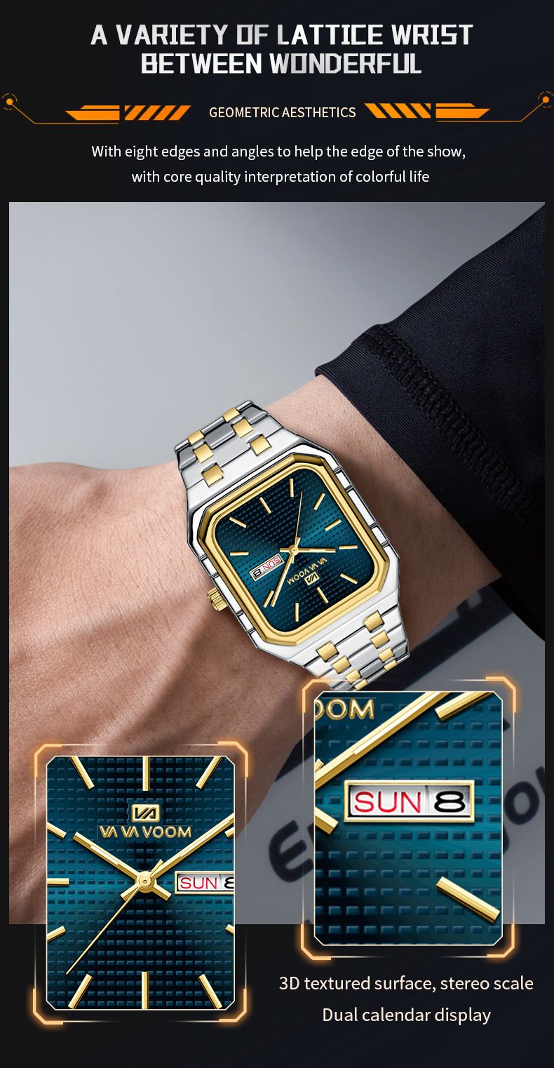 Herren-Quarzuhr aus Edelstahl mit Datumsfunktion, Leuchtzeigern und quadratischem Zifferblatt – Business-Casual-Armbanduhr_voghion.com