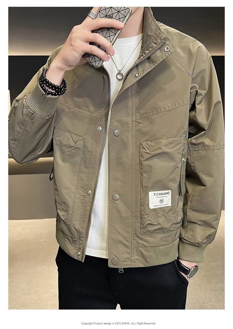 "Herren-Arbeitsjacke mit Stehkragen - Leichter Freizeitmantel aus Polyester mit Reißverschluss und Seitentaschen (Khakigrün/Schwarz, M-3XL)"_voghion.com