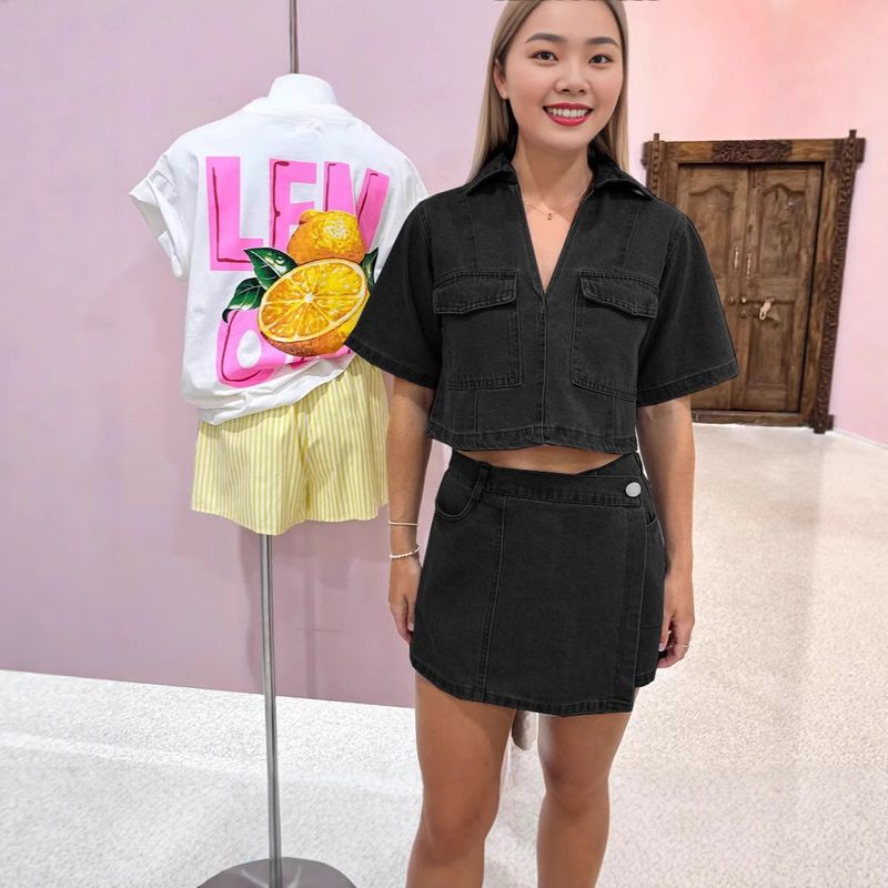 Workwear Denim Suit Skirt Pants V-neck Short Sleeve Top Summer Women Hot Girl High Waist Irregular_voghion.com