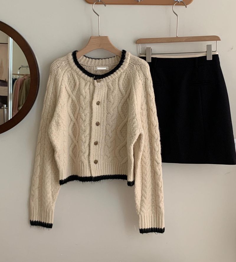 Vintage-Strickjacke für Damen, weicher Häkelpullover mit Farbblock-Design, lässiger Rundhalsausschnitt, lange Ärmel, offene Vorderseite_voghion.com