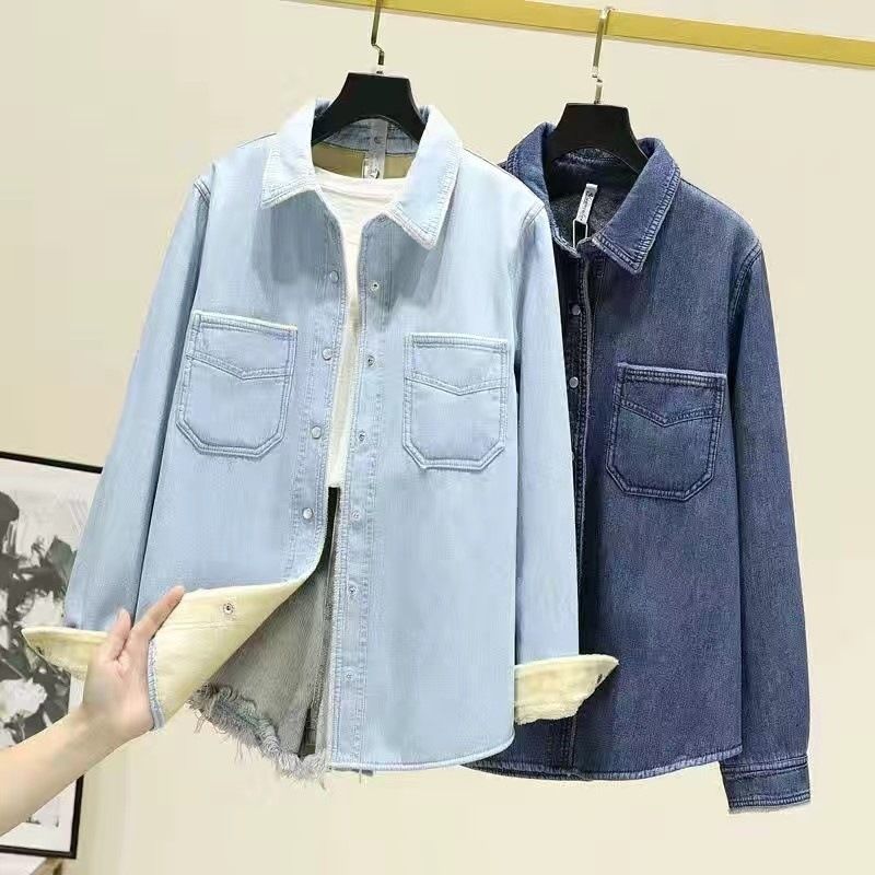 Camicia in denim con fodera in pile da donna - Giacca casual invernale in flanella calda e calda, a maniche lunghe e oversize (blu scuro/azzurro, S-3XL)_voghion.com