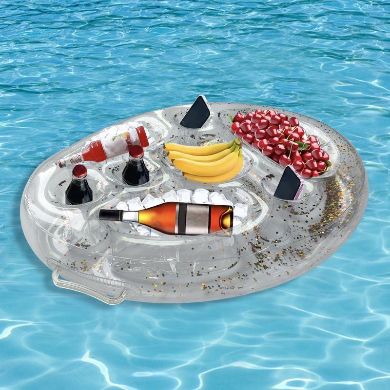Inflatable Floating Thickened PVC Cooler & Drink Holder (Multi-Functional Design Fits 6 Cups + Ice Compartment Includes Repair Kit & Anchor Rope)_voghion.com