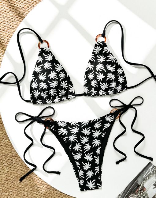 Women's Clothing Split Swimsuit Women's Sexy Drawstring Bikini Maple Leaf Print Swimsuit Women_voghion.com