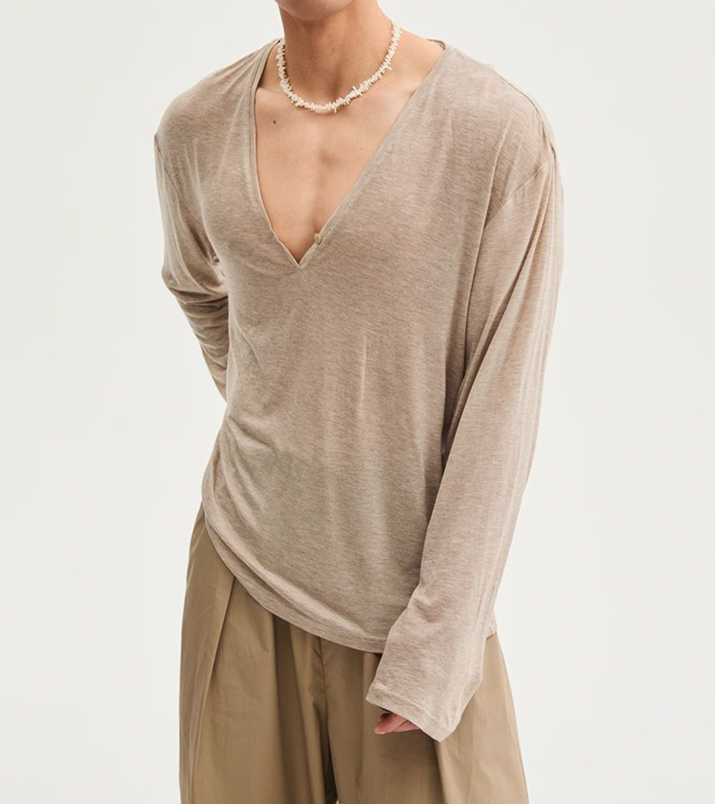 Primavera Verão Novo Deep V Stretchable Top Camisa da Moda Manga Longa Cardigan Unissex_voghion.com