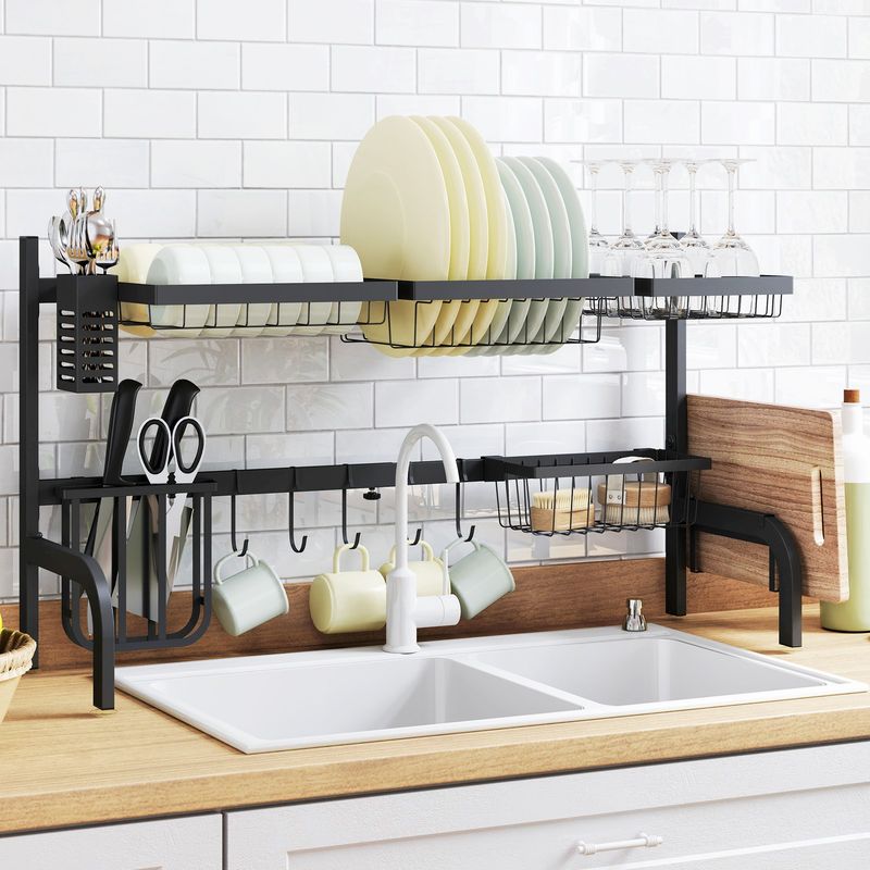 HOMCOM Over The Sink Dish Drying Rack, 2 Tier Adjustable Dish Drainer Black_voghion.com