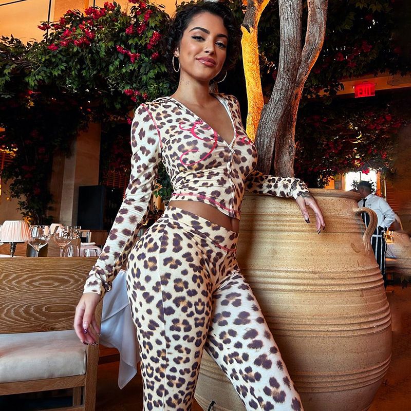 Wind 2024 Summer New Product Printed Hoodie Top Leopard High Waist Tight Pants Set For Women_voghion.com