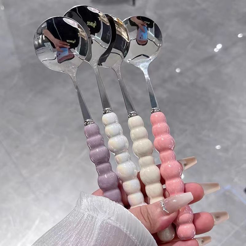 Cucchiaio rotondo con manico lungo, piccolo, per zuppa, per ragazze, in acciaio inossidabile e plastica, per uso domestico, per mangiare_voghion.com