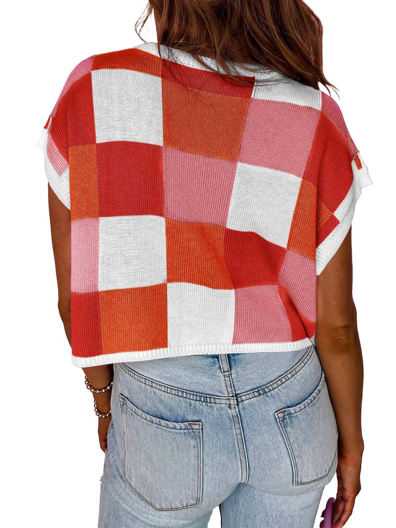 Women's Cropped Short Sleeve Knit Sweater With Color Block & Checkerboard Design - Round Neck, Oversized Fit, Breathable Fabric_voghion.com